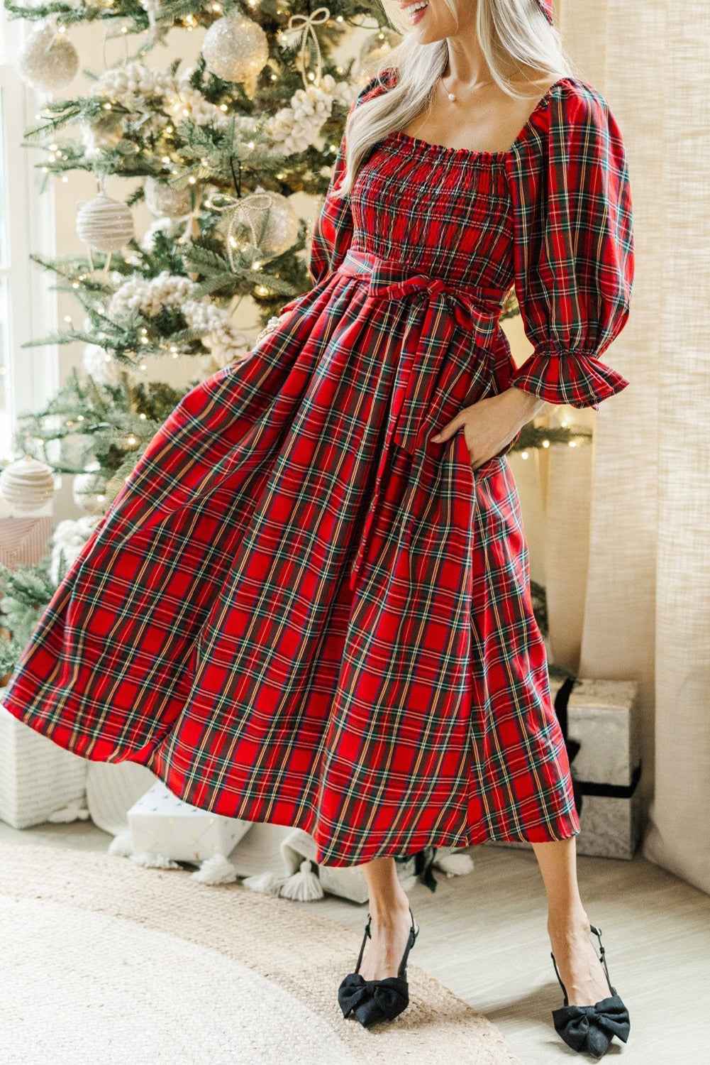 Red Plaid Square Neck Puff Sleeve Bowknot Waist Flared Midi Dress Red 75%Polyester+25%Cotton 93357f30d6c1157a