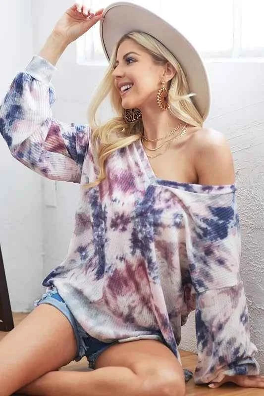 BiBi Tie-Dye V-Neck Long Sleeve Waffle Top 933afddac6cf496f97e306ad9cce513b-Max-Origin