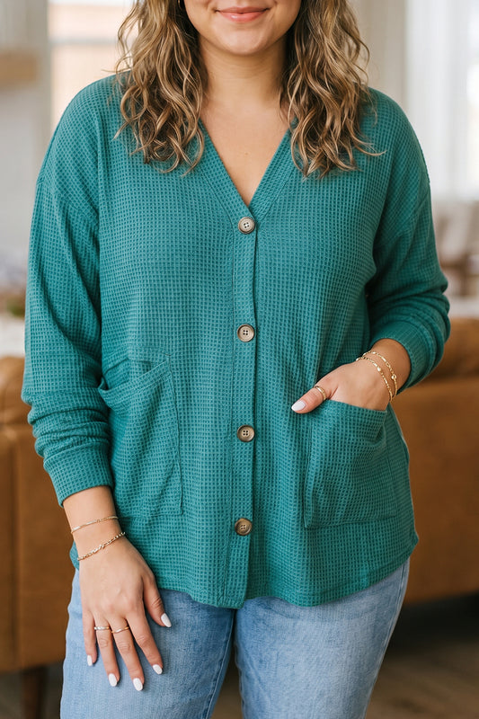 Lapis V Neck Waffle Textured Button Front Tunic Long Sleeve Plus Size Cardigan Lapis 70%Polyester+30%Viscose 933e1875668dcfa1