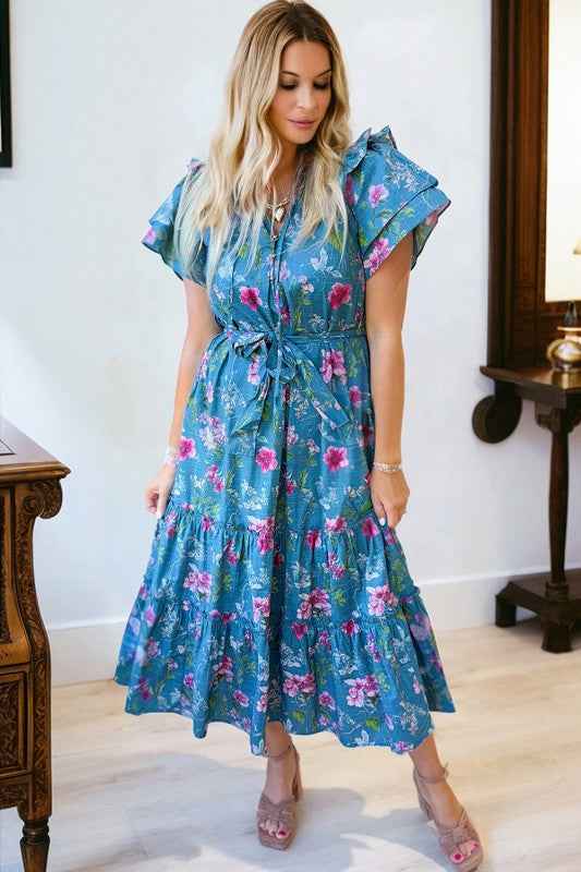Floral Flutter Sleeve Tie Neck Belted Midi Dress Blue 93440b4e-6409-4fa1-9009-cc6717f6e9f1