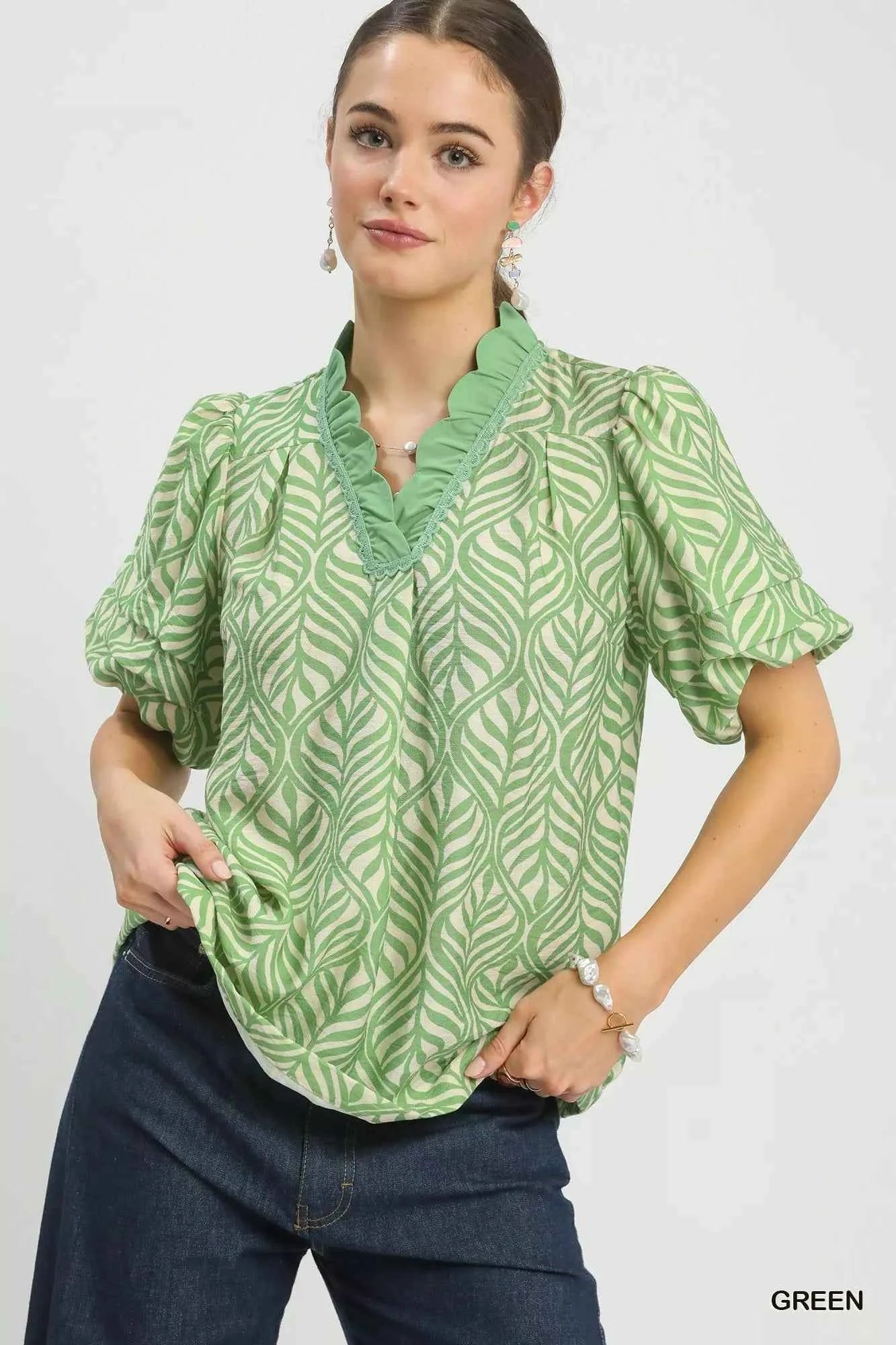 Umgee Printed Puff Sleeve Ruffle Neck Top GREEN 9345c841-7b76-4f51-93c8-7e778fcf8e87-Max-Origin