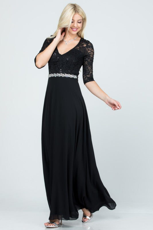 Plus Size A-Line Evening Dress – 3/4 Sleeve Lace Rhinestone Waist Gown 93487b0b-5d8c-40df-9b89-413fed947482