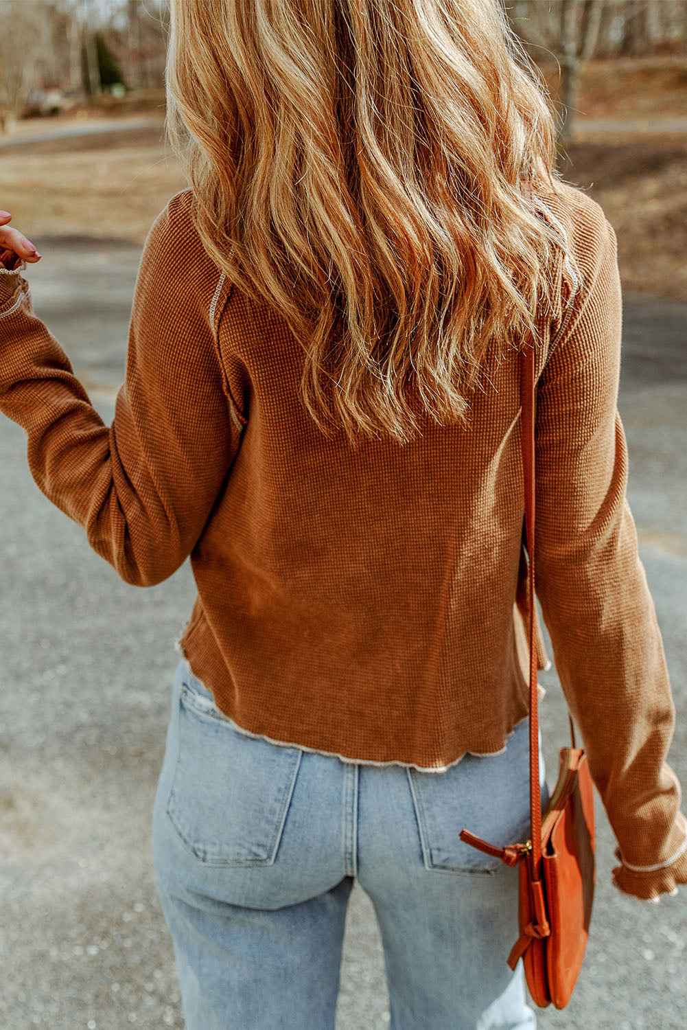 Red Exposed Seam Textured Pullover Long Sleeve Top 934a3860670ffe0d