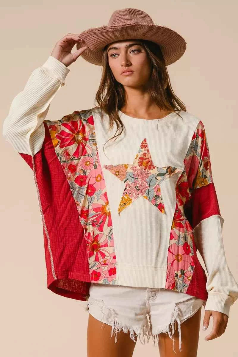 BiBi Floral Print Mixed Star Patch Round Neck Sweatshirt 934bbd68337749eba54e3d64c14061db-Max-Origin