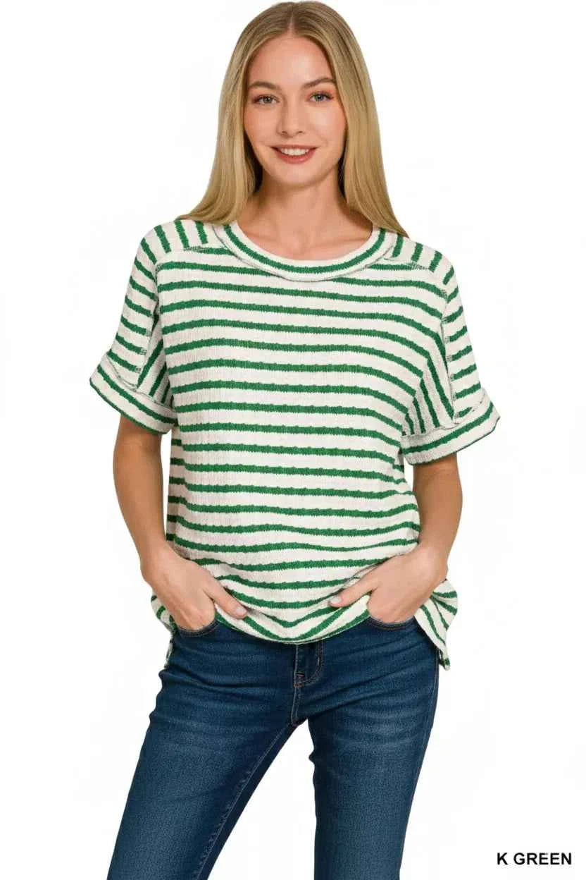 Zenana Stripe Jacquard Round-Meck Tee 93507e8e-b5ca-4f4b-bda9-a317d330f55d-Max-Origin