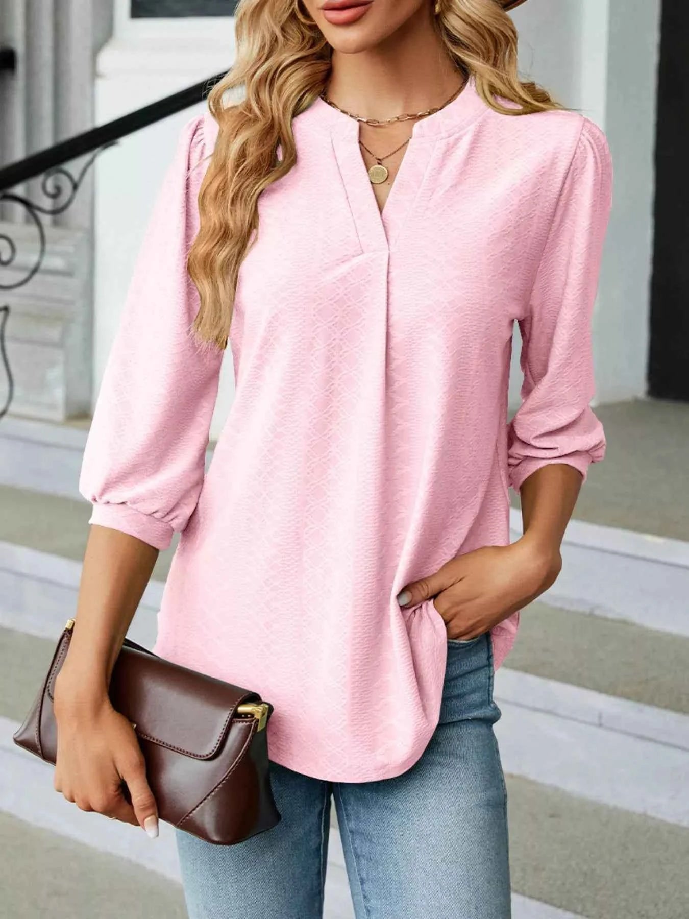 Notched 3/4 Sleeve Casual Top 93532371-8a65-4a3b-b231-27870d274588-Max-Origin