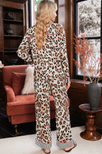 Khaki Leopard Print Colorblock Striped Patchwork Shirt and Pants Pajama Set 935bed72a94d0b71