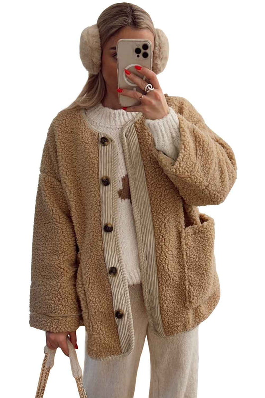 Light French Beige Puffy Plush Corduroy Edge Patchwork Jacket with Big Pockets 935c61fc046811fb