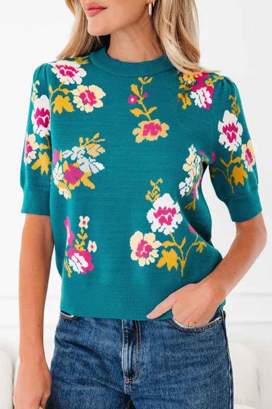Floral Knit Crewneck Short Sleeve Top 935fa2ec-bf3c-44a3-afee-89ef1b213ff5