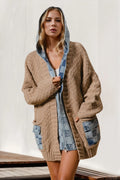 Double Take Full Size Hooded Denim Spliced Sweater Cardigan Camel 9360c901-462b-4b46-a6de-949b898700e1-Max