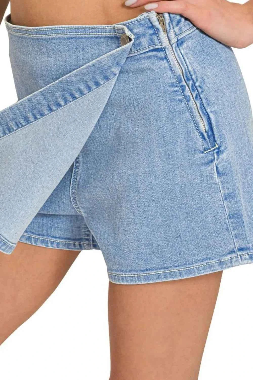 Zenana Wrap Front Skort Denim Shorts 9361237c-b13a-43ab-a2b2-21bbfd1f8fe2-Max-Origin
