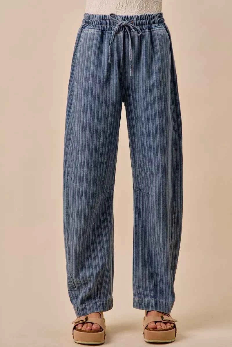 SO ME Stripe Denim Barrel Jeans Drawstring Waistband DENIM 93628438f7984ed5a8ec37862496be33-Max-Origin