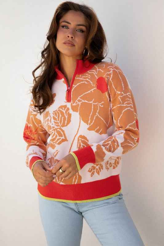 Floral Half Zip Collared Pullover Sweater Khaki 9363c169-7276-4bbd-a13b-c4c92d019b1e