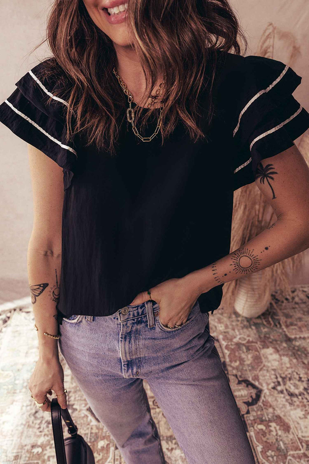 Black Contrast Trim Dual Ruffle Short Sleeve Textured Blouse Black 100%Polyester 9363d1073ba05fc4