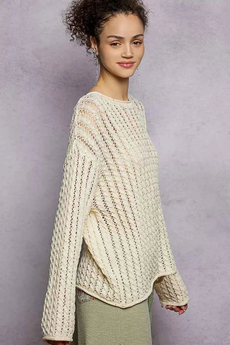 POL Openwork Round Neck Knit Top with Shiny Detail 936aa08e-964d-44c4-8074-494a511cbaaf-Max-Origin