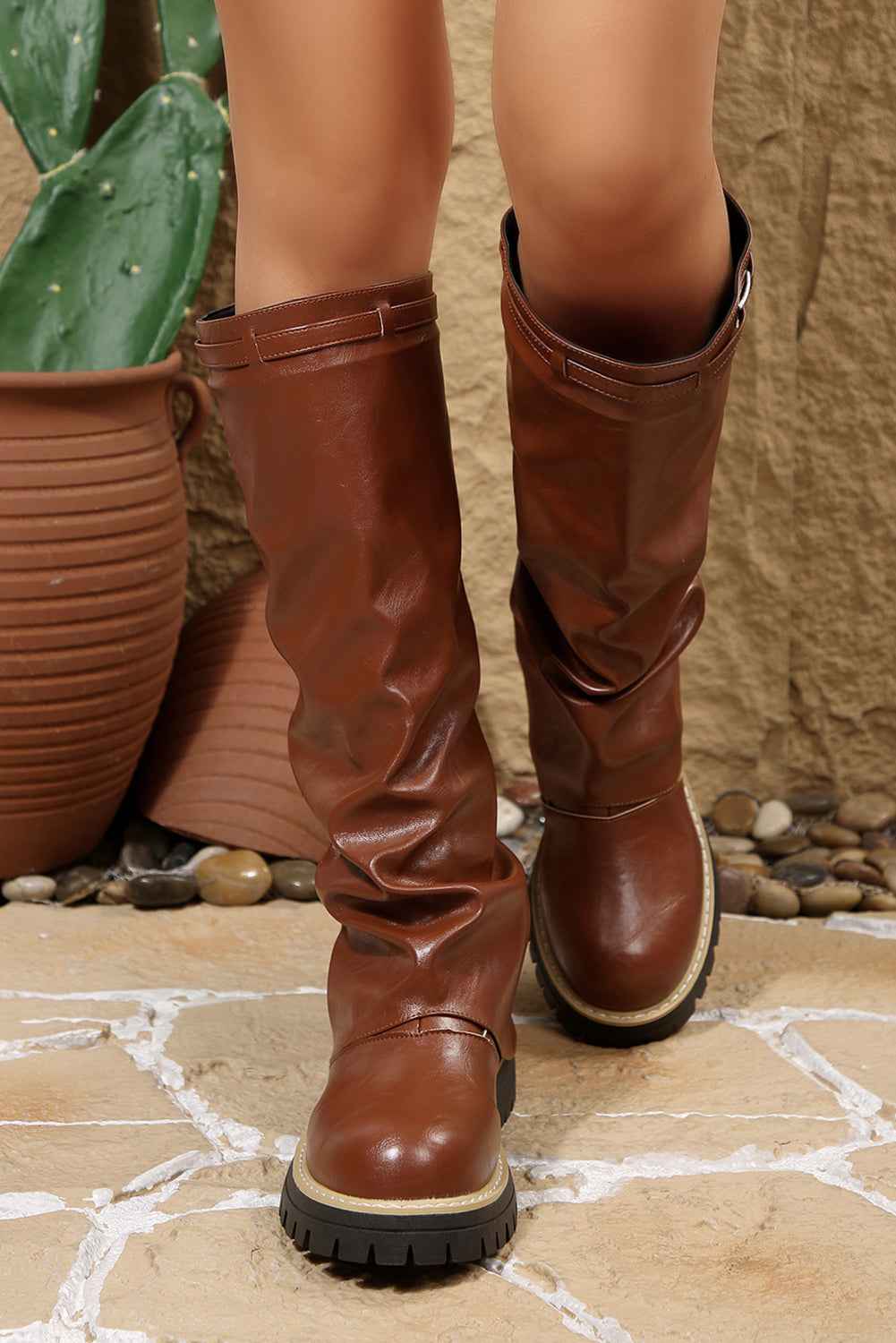 Coffee PU Leather Belted Detail Knee High Boots 936d50473332beaa