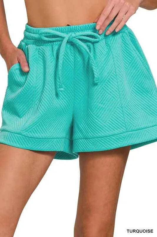 Zenana Textured Knit Jacquard Drawstring Shorts TURQUOISE 9370fef4bb0d468bb94f83358219dec8-Max-Origin
