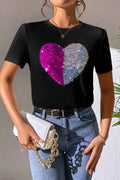 Heart Sequin Round Neck Short Sleeve T-Shirt Black 9378ca67-dd09-4a69-bc44-e9ed70298c41-Max