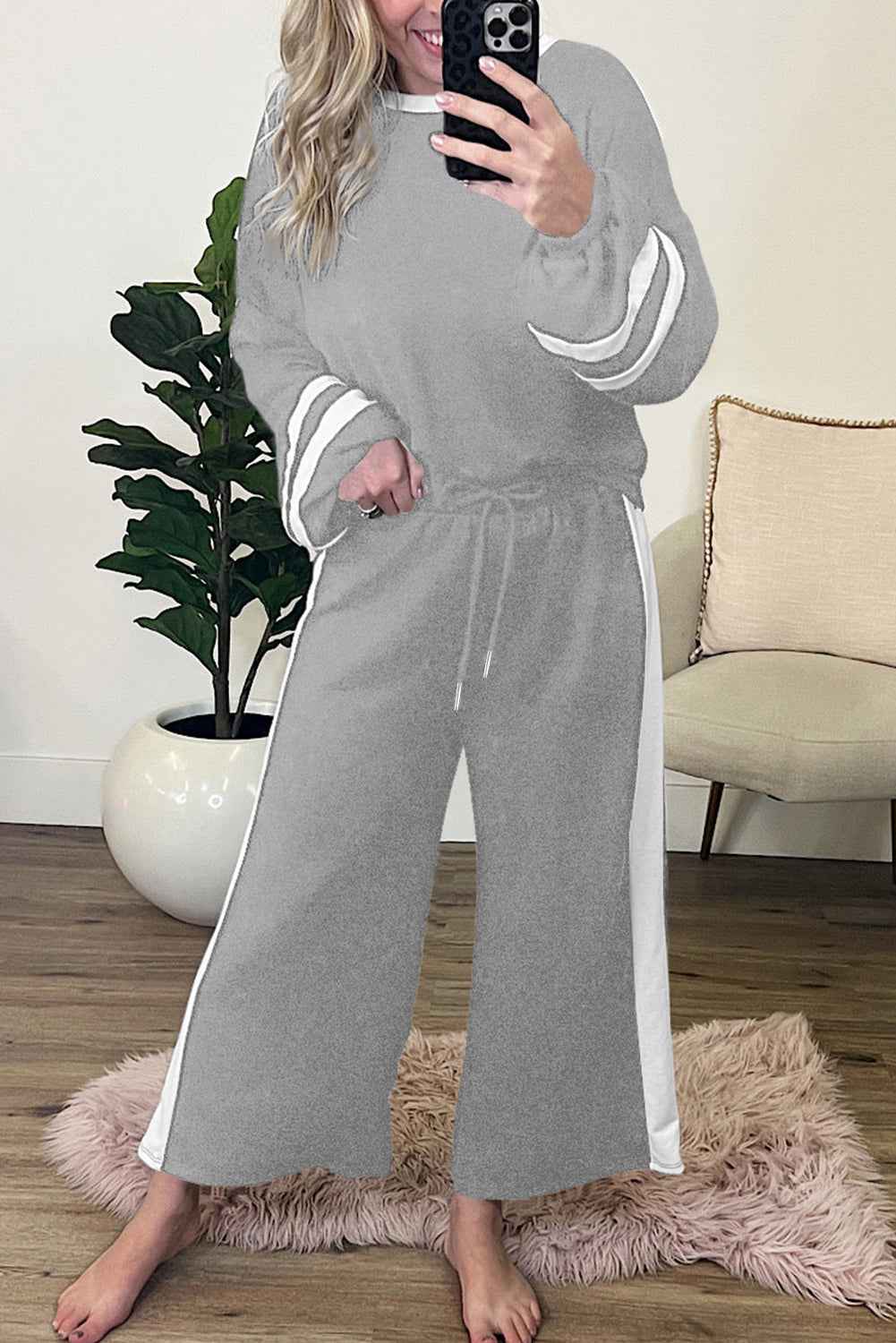 Mineral Red Varsity Stripe Patchwork Puff Sleeve Pullover Drawstring Wide Leg Pant Set Gray 65%Polyester+35%Cotton 937bde973f45b0e4