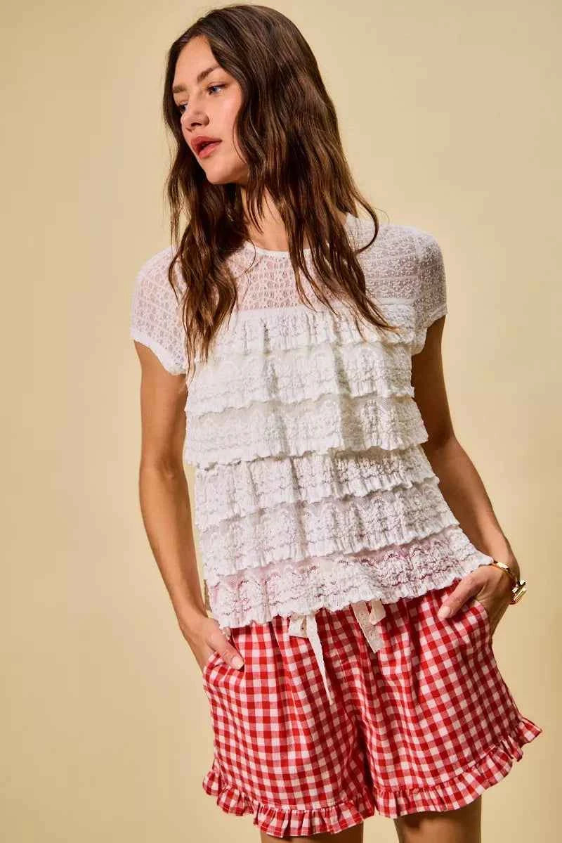 SO ME Ruffle Tiered Stretch Lace Short Sleeves Knit Top 937eb86699a34166b89992761401d58f-Max-Origin