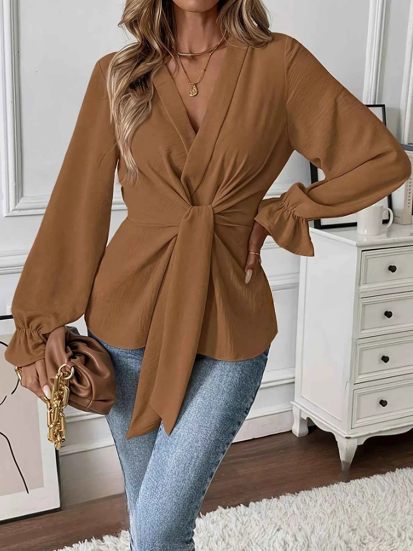 Knot Front Flounce Sleeve Blouse 937f1f5449764d6b8a670b88fe1290f3-Max-Origin