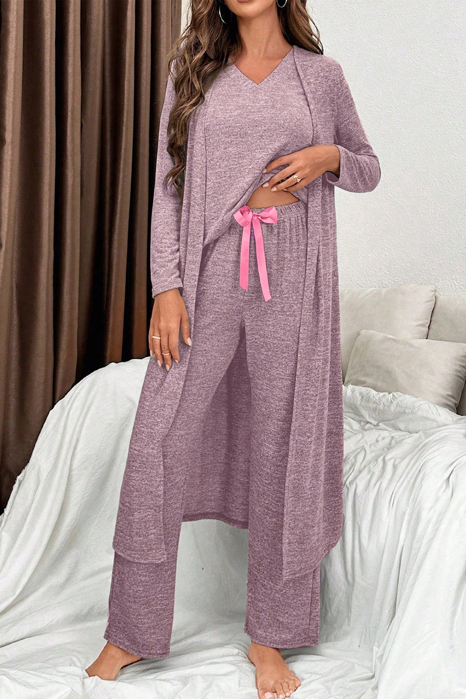Dark Grey 3pcs V Neck T Shirt Ribbon Knot Pants Open Duster 3pcs Lounge Set Delicacy 65%Polyester+30%Viscose+5%Elastane 937fabbb280a191e
