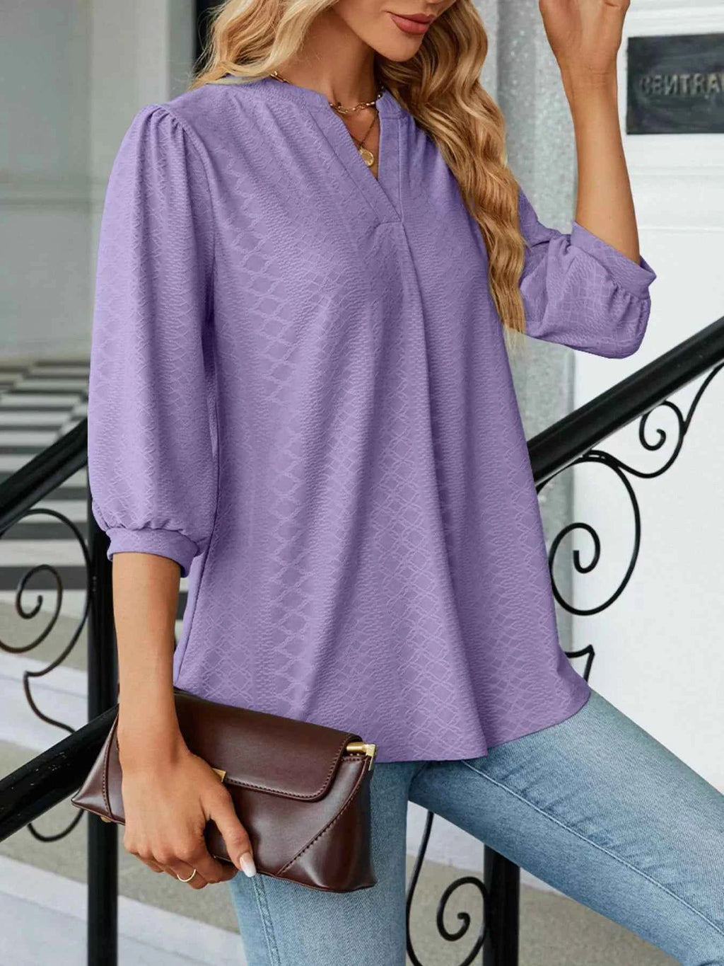 Notched 3/4 Sleeve Casual Top 937fe74d-6249-4137-a3c5-5f1f69a89e7f-Max-Origin