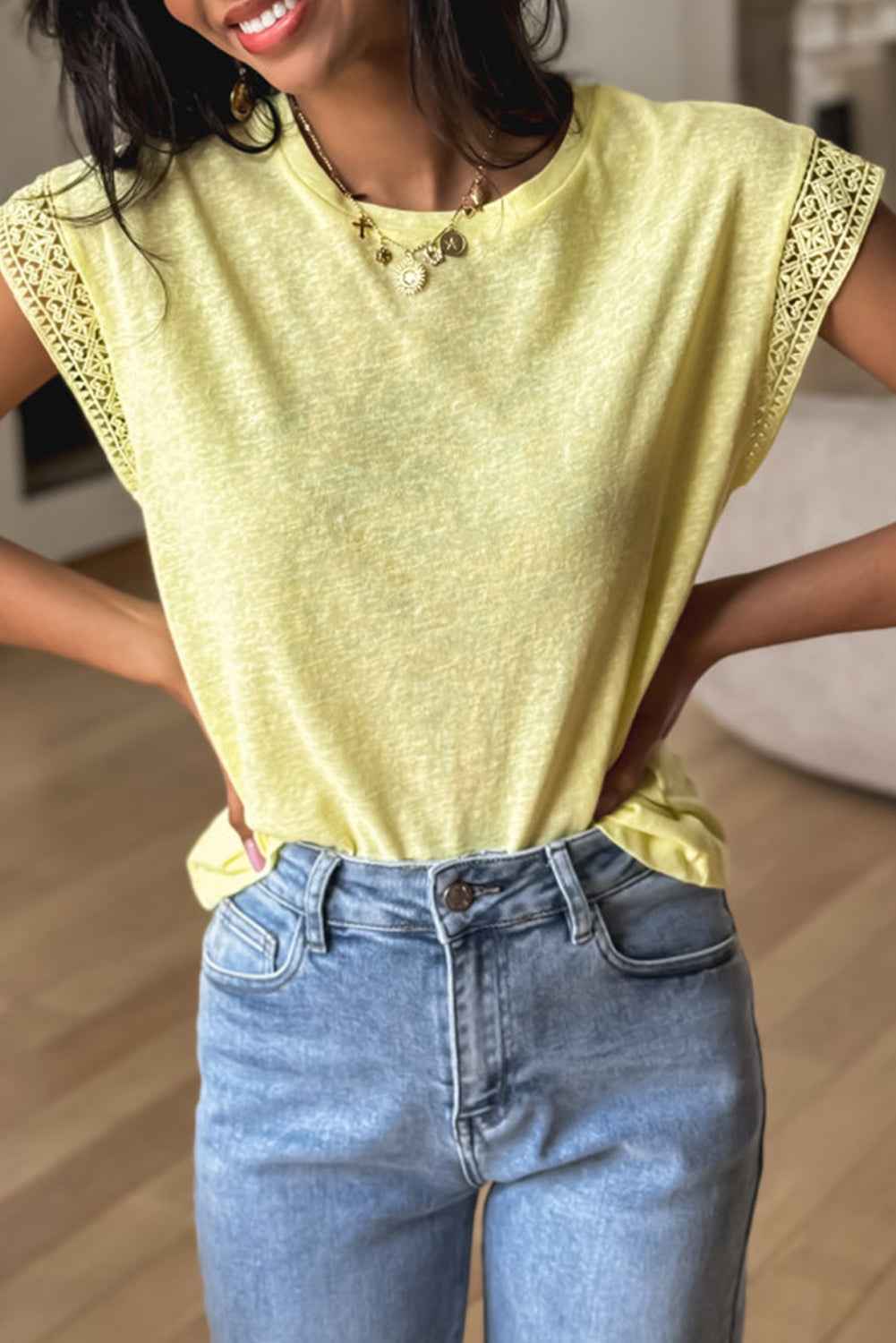 White Lace Patchwork Cap Sleeve Round Neck Top Yellow Cream 9387fc6bd51a185e