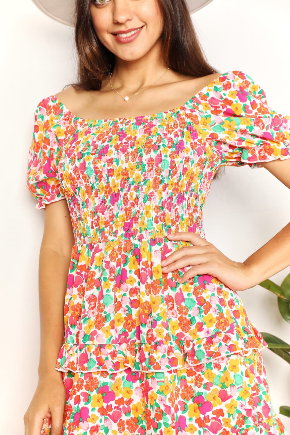 Devine Smocked Sweetheart Neck Flounce Sleeve Mini Dress 938b8d6d30974bcbbfc61fe3875cd229-Max