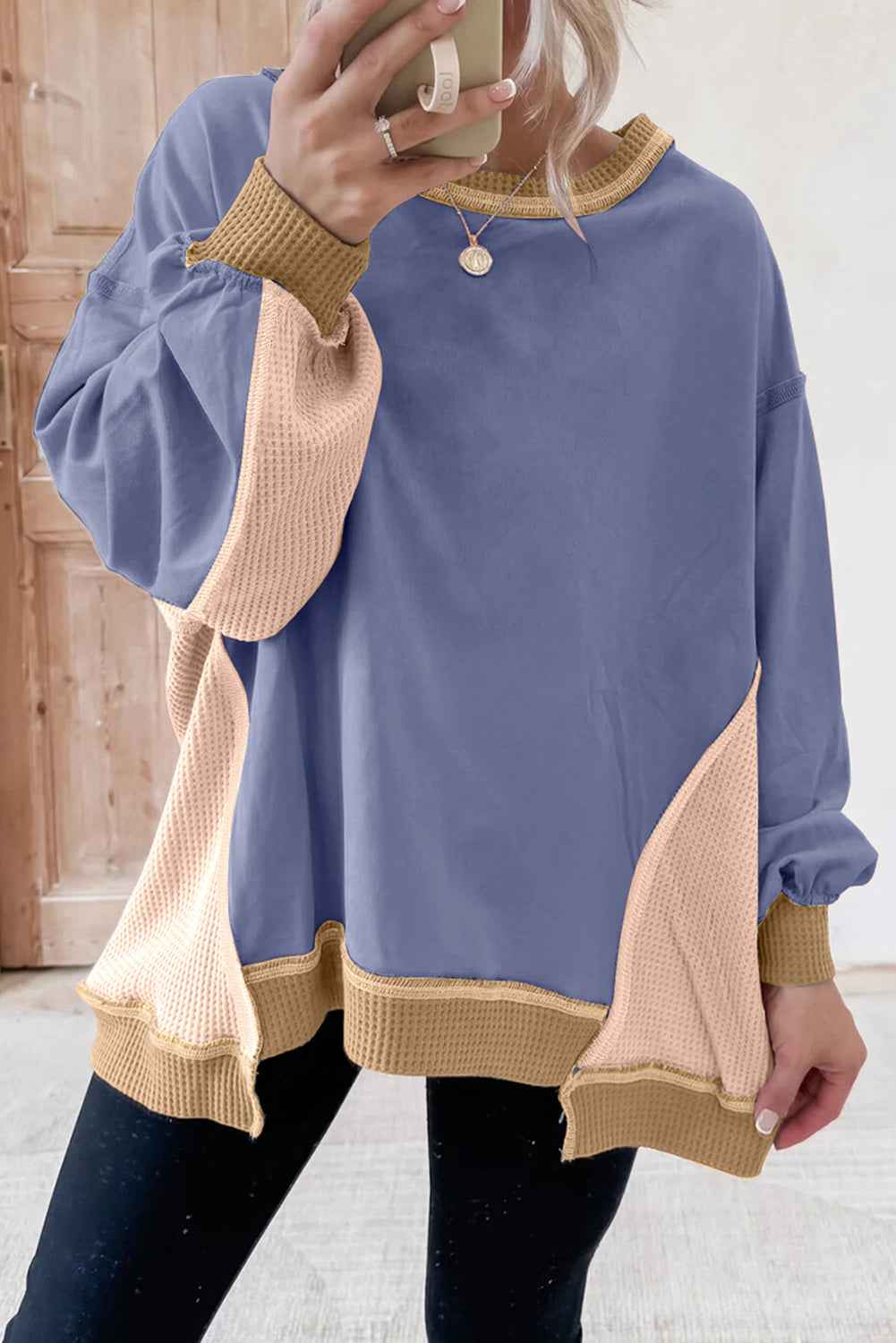 Smoke Green Colorblock Waffle Patchwork Oversize Sweatshirt Wild Wind 65%Polyester+35%Cotton 9390b72c764e3a0c