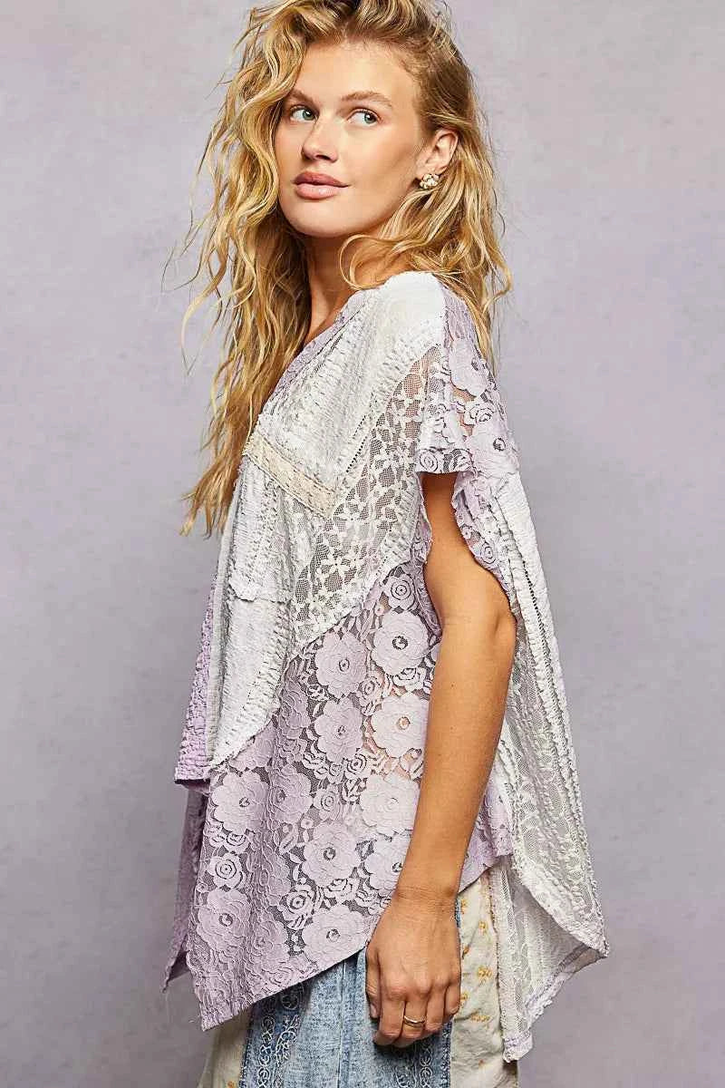 Asymmetrical V-Neck Short Sleeve Lace Top 939307b6-82b7-42c3-b738-41b516857df6-Max-Origin
