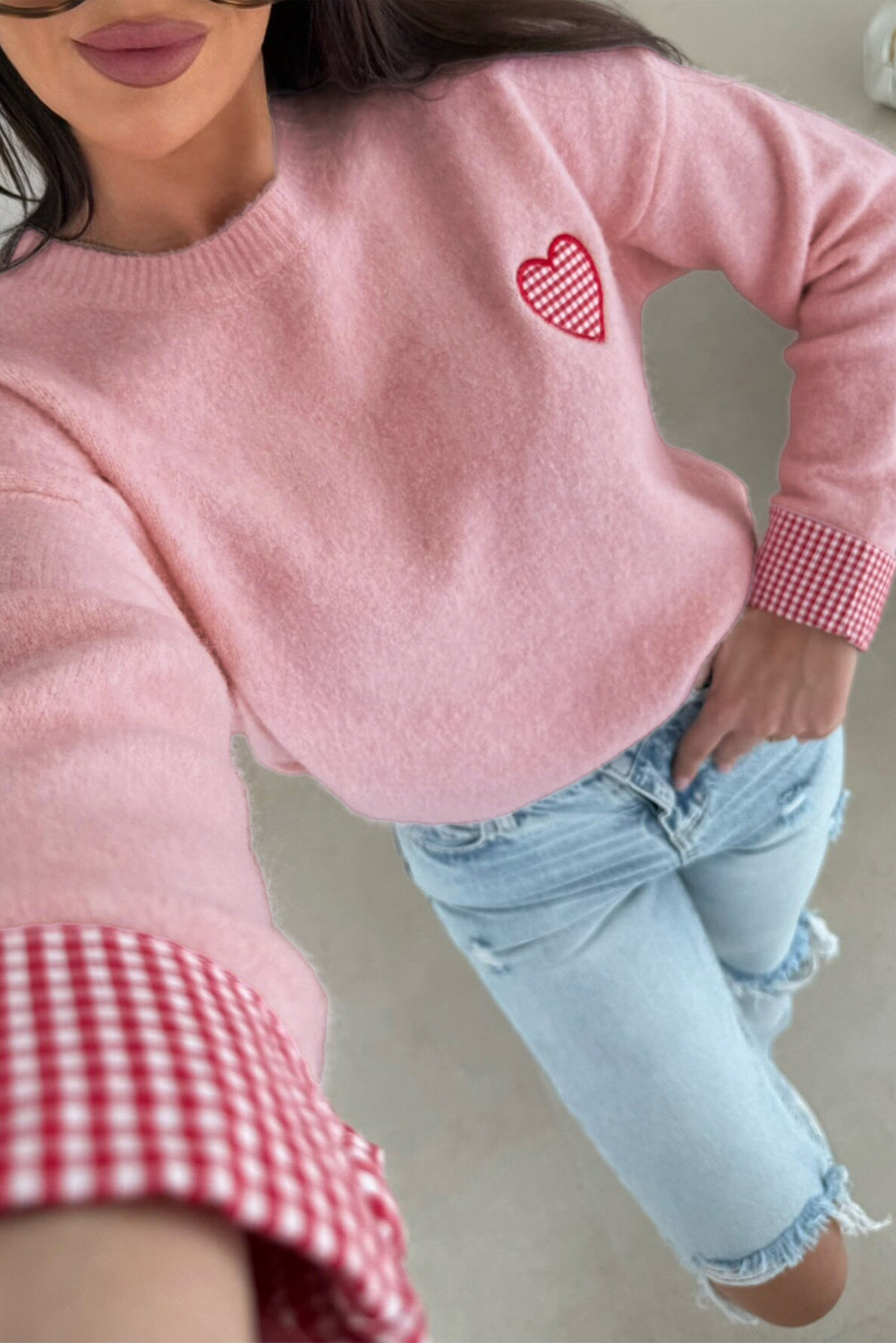 Light Pink Plaid Heart Embroidered Cuffed Drop Shoulder Crew Neck Sweater 9393b200396c8edc