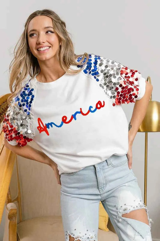 America Letter Applique Spangle Puff Sleeves Top 939b89e121a64a76a41f048cea071492-Max-Origin