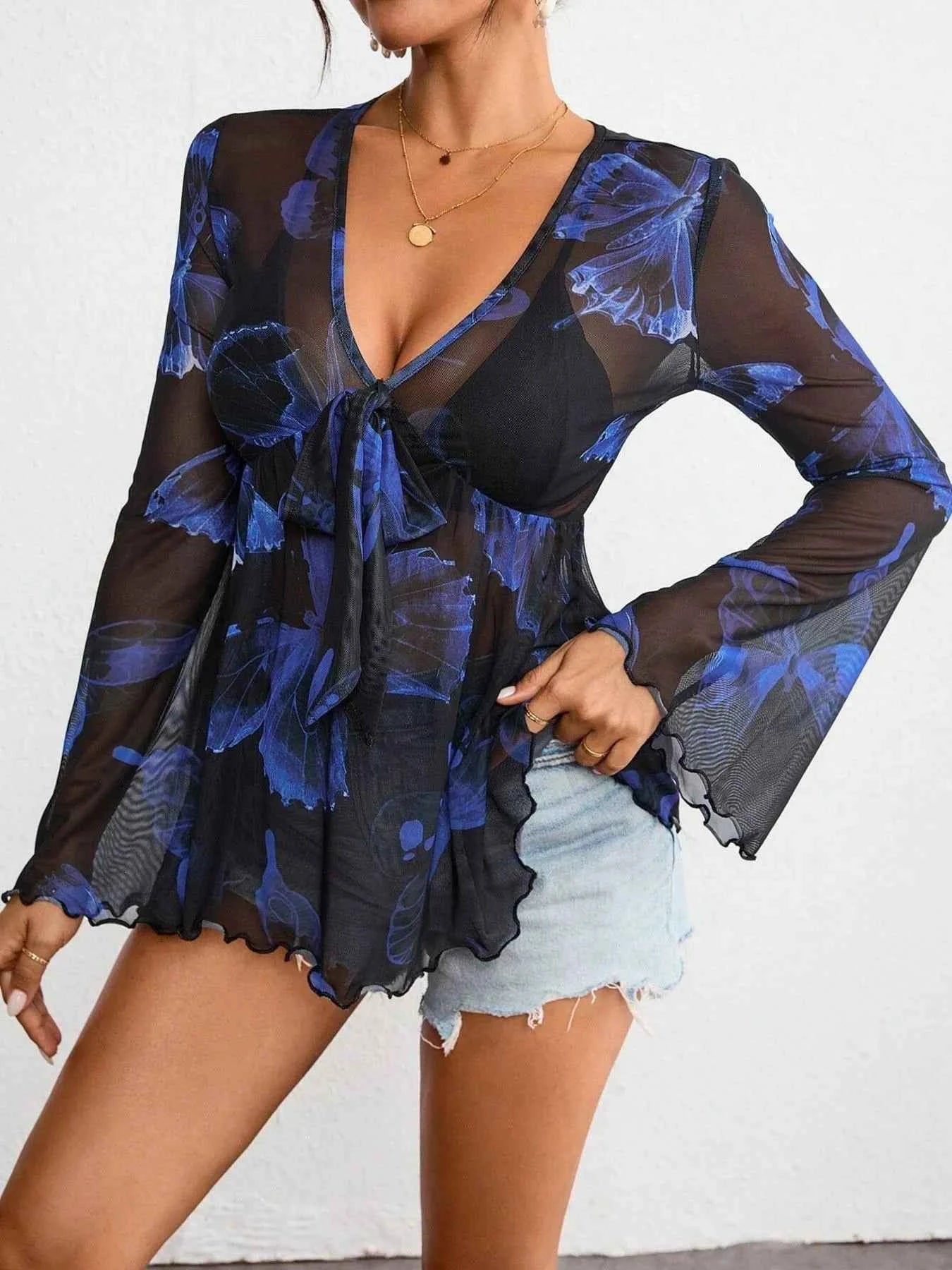 Tie-Front Flare Sleeve Blouse Navy 939bd875-23cf-42dd-a5f6-45839a62fc0f-Max-Origin