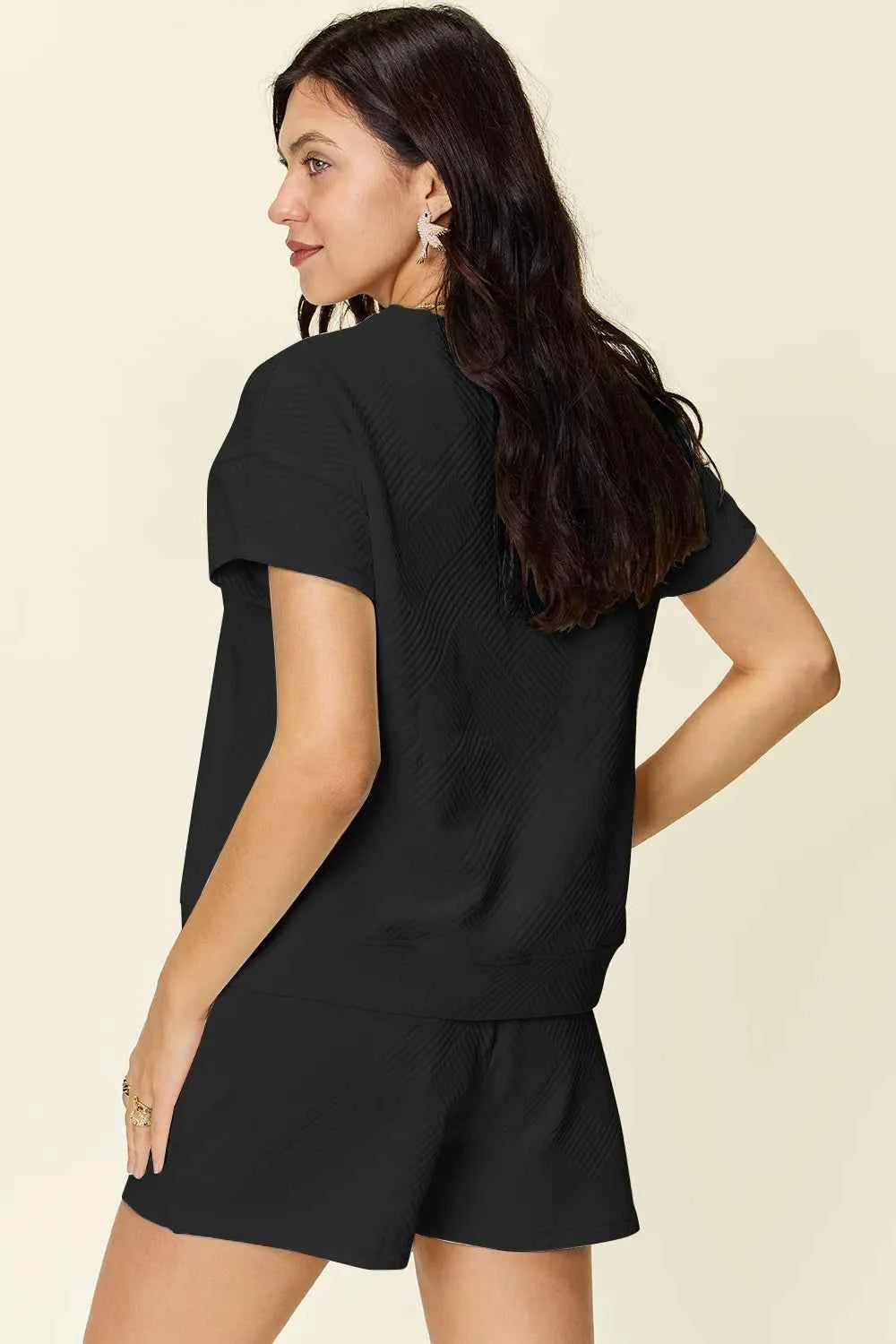 Double Take Full Size Texture Short Sleeve T-Shirt and Drawstring Shorts Set 939fa7b2-1252-4175-9729-1cf90a220d65-Max