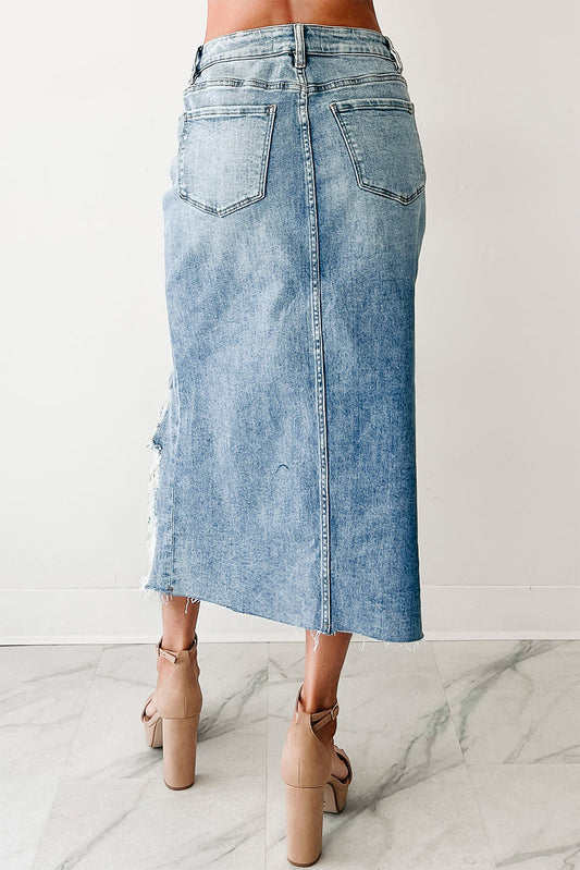 Myosotis Irregular Distressed Hem Denim Midi Skirt 93a506042d90a50b