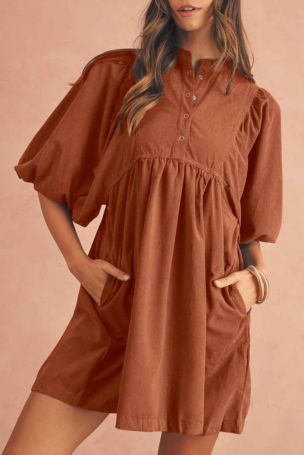 Gold Flame Light Snap Button Empire Waist Lantern Sleeve Corduroy Dress Gold Flame 100%Polyester 93a6ec5963909e48