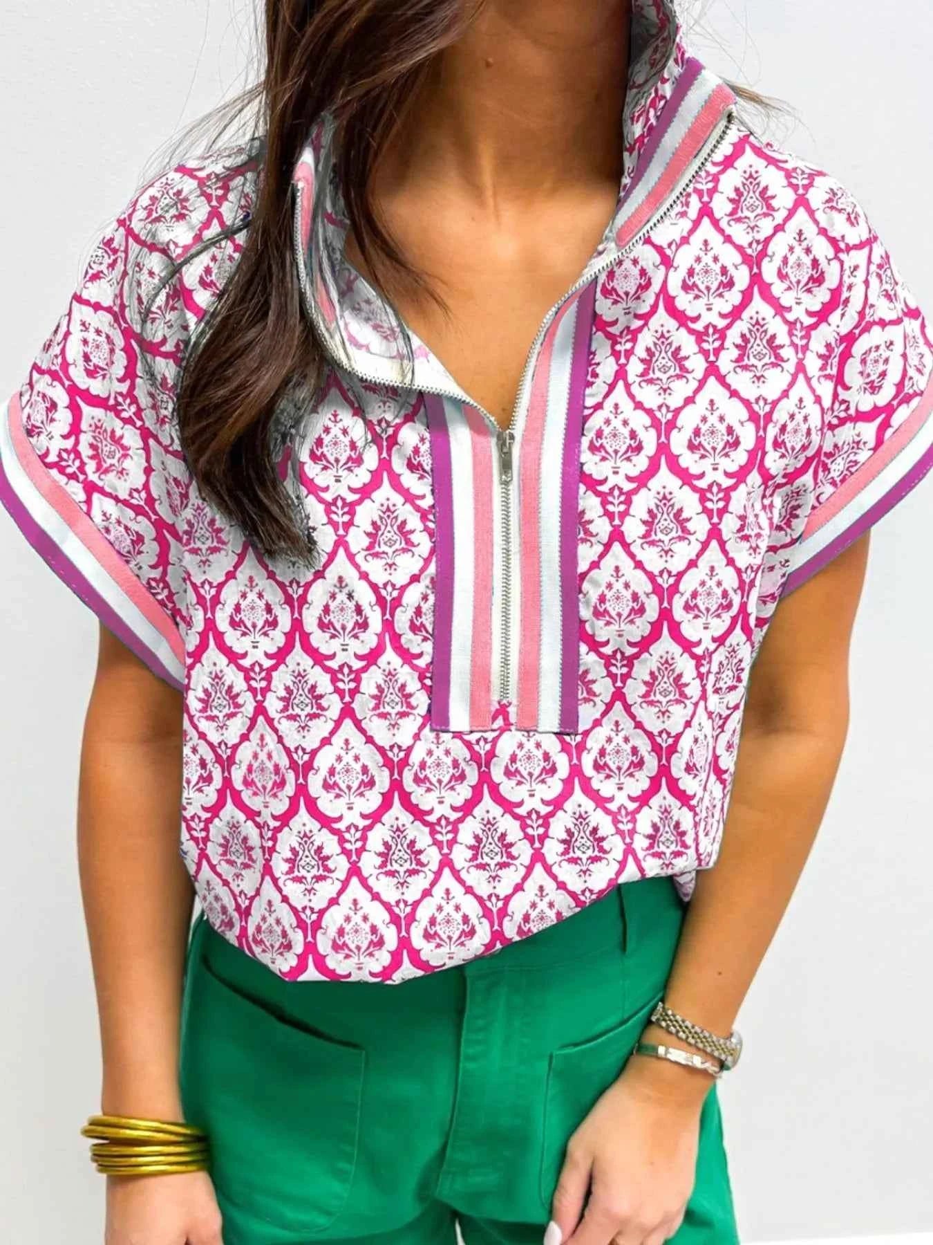 Printed Half Zip Short Sleeve Blouse 93aa6125-0f5b-4a01-9d11-13977faaa713-Max-Origin