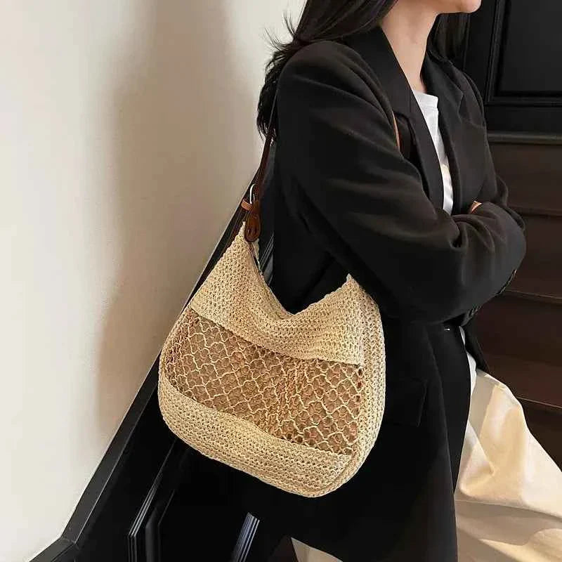 Woven Straw Crescent Shoulder Bag Beige onesize 93abdc7bd5f74b9197b3f61d298bfc69-Max-Origin