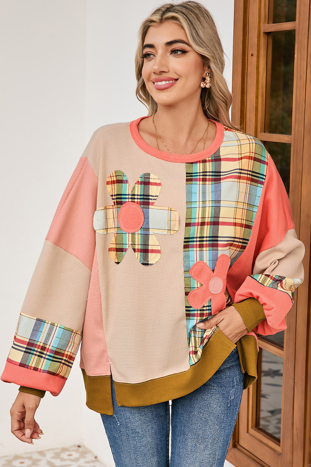 Multicolor Plaid Flower Patchwork Waffle Drop Shoulder Loose Top 93ad050089074dfc
