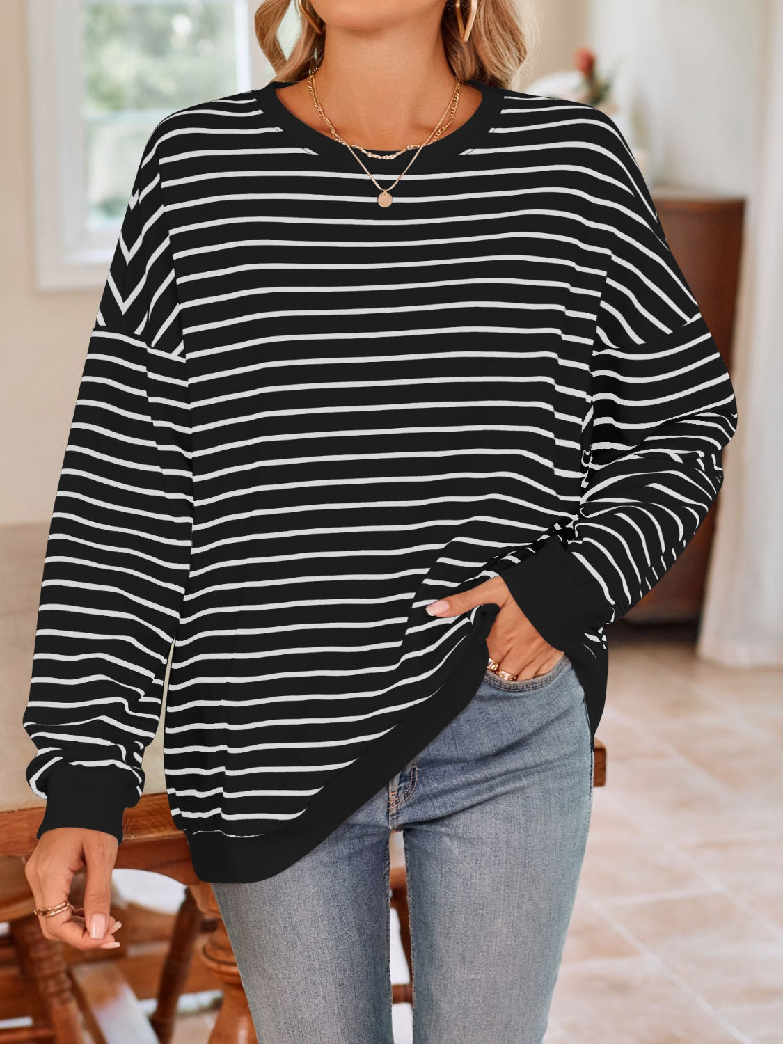 Lovelet Striped Round Neck Long Sleeve Sweatshirt