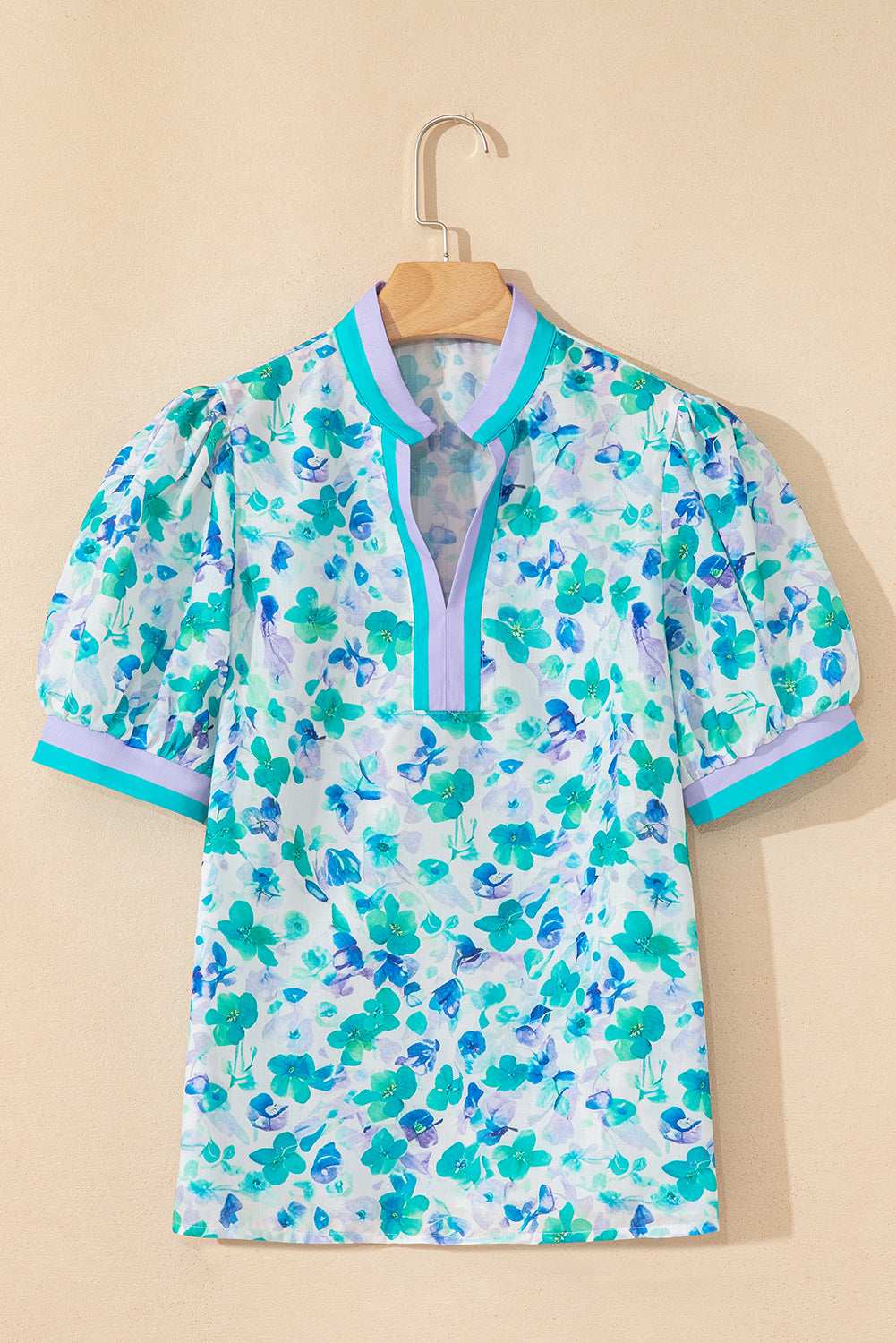 Green Floral Print Pop of Color V Neck Puff Short Sleeve Blouse 93b0d4edcc3f589c-_5