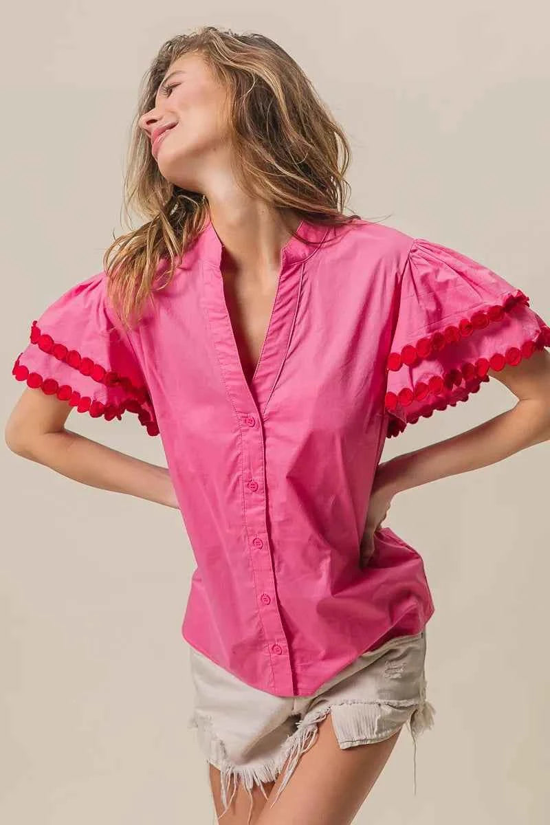 BiBi Dot Trim Flutter Sleeve Notched Top 93b301cbd0444a6f89bb3e734275a706-Max-Origin