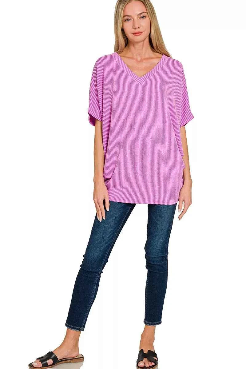 Zenana Raised Rib V-Neck Batwing Top 93b48ed2b65a47d8919c1d30e3543cf6-Max-Origin