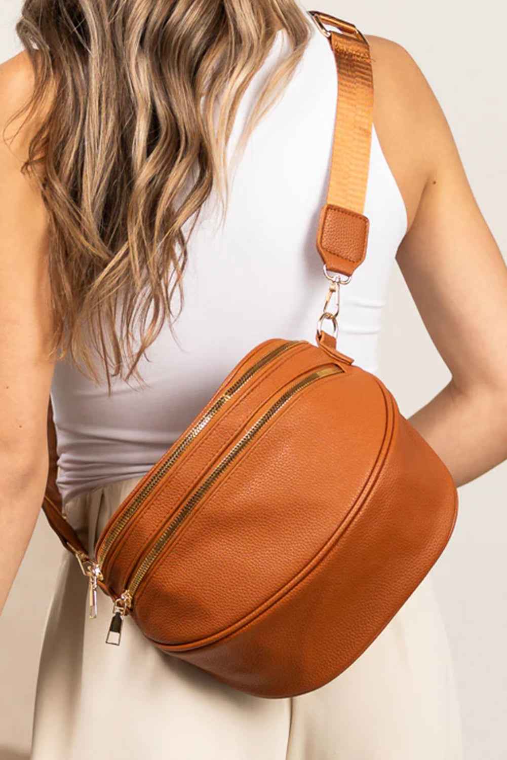 Cinnamon PU Leather Double Zipper Crossbody Bag 93b76ca0b1624895