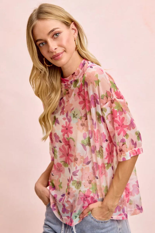 Floral Print Short Sleeves Boxy Mesh Top 93b84ac4db9f41cea14ceaab62b9c347-Max-Origin
