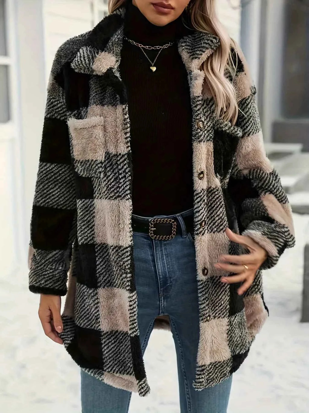 Button Down Collared Neck Plaid Teddy Coat with Pockets 93bccc58454b4c4ab129a144240b149c-Max-Origin