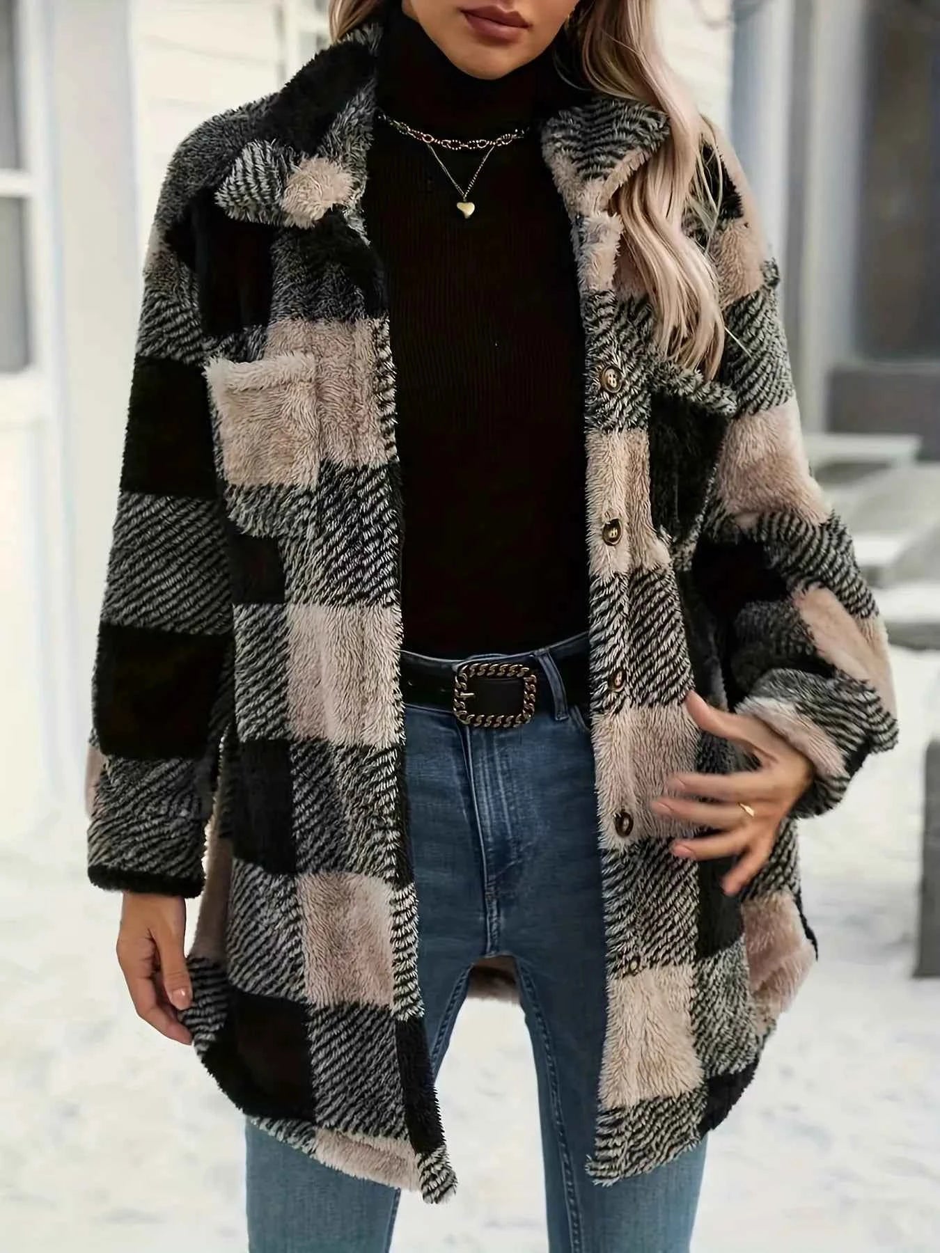 Button Down Collared Neck Plaid Teddy Coat with Pockets 93bccc58454b4c4ab129a144240b149c-Max-Origin