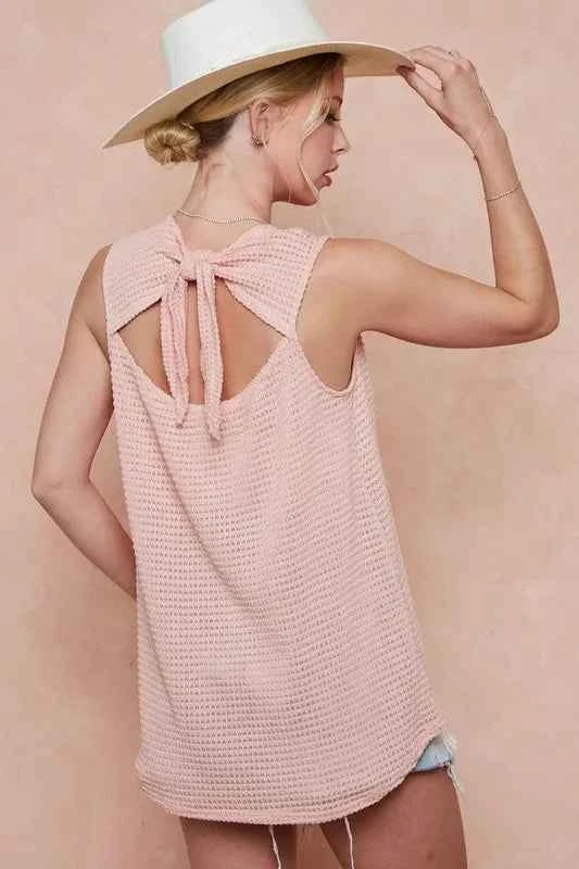 BiBi Popcorn Waffle Open Back Top with Tied Ribbon 93bf9df4837148969772f475edee35c0-Max-Origin