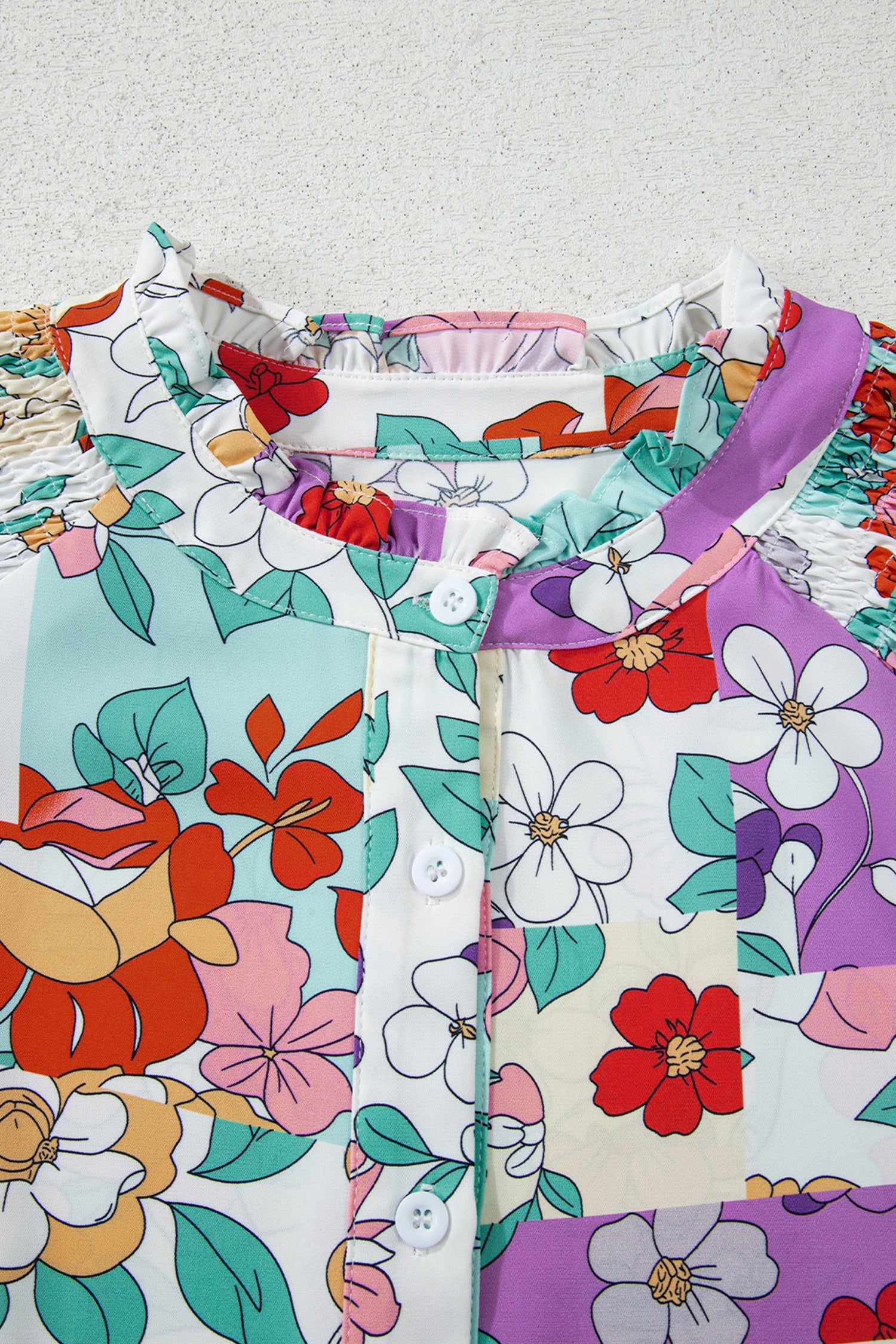 Pink Floral Print Patchwork Frilly Neckline Long Sleeve Shirt 93c016a97eeb0f35